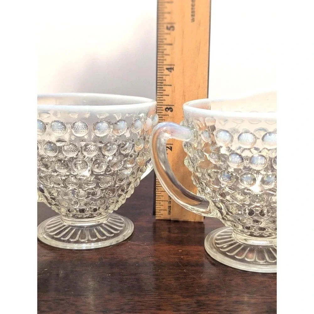 Vintage Hobnail Sugar and Creamer Set Opalescent Milk Glass Fenton Style